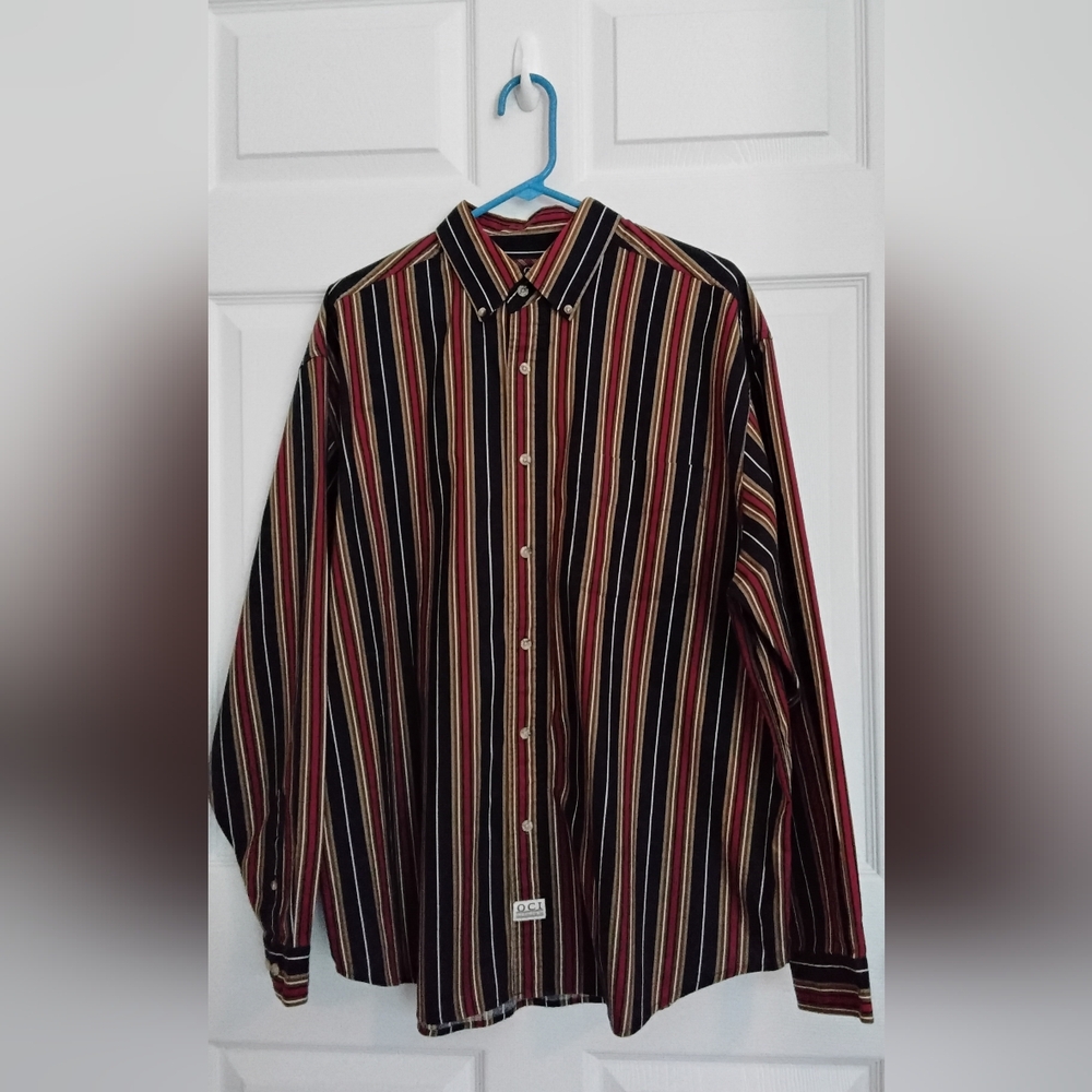 Vtg Old College Inn Men's Striped Navy and Burgundy Long Sleeve Shirt